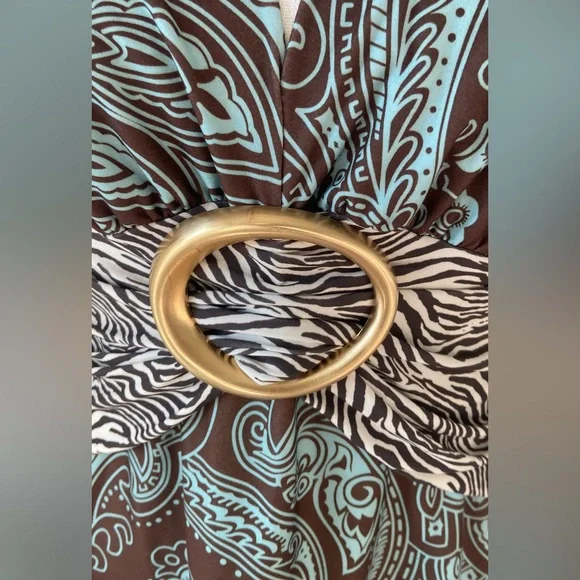 V-Neck Paisley Tunic with Zebra-Accent Waist in Brown and Turquoise - Picture 3 of 7